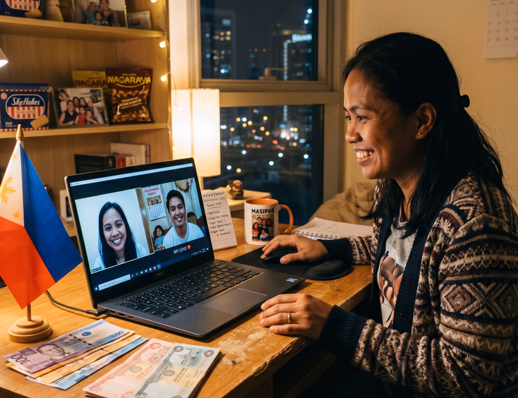 A Filipino OFW works on a laptop in an overseas apartment, video calling a partner back home with currency notes and a Philippine flag nearby.