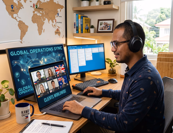 A focused Filipino remote worker sits at an organized digital workspace with a laptop displaying diverse global clients and various world currency symbols.
