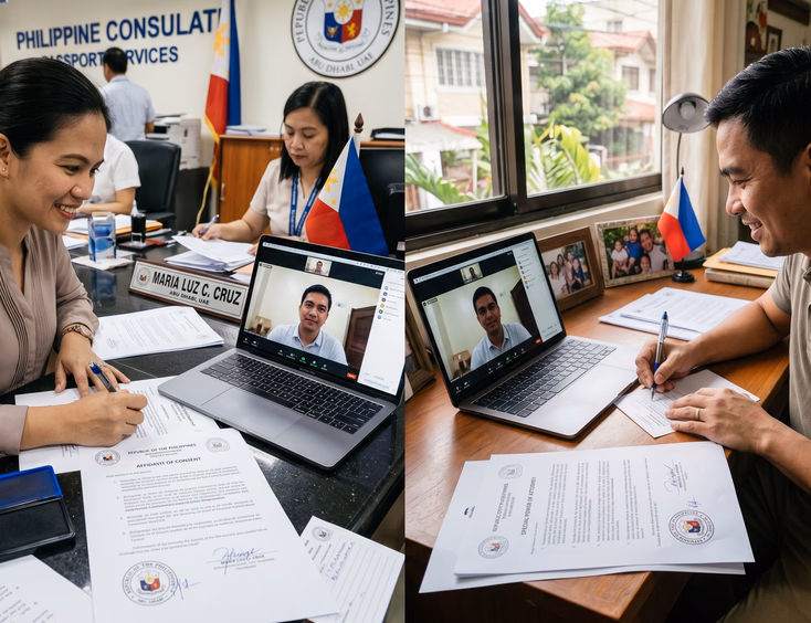 A determined Filipino couple signs legal documents while connected via video call between a consulate counter abroad and their home.