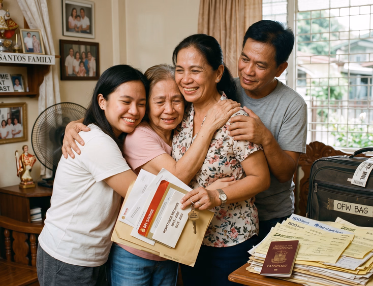 An emotional Filipino OFW embraces family at home, holding savings documents and a new house key representing years of hard work and sacrifice abroad.