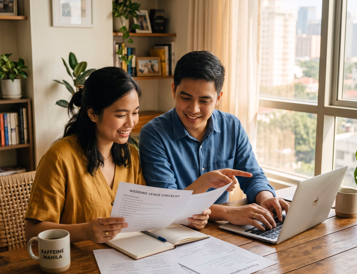 Young engaged Filipino couple collaborates on financial documents and a laptop at a wooden table inside a sunlit modern Manila apartment.
