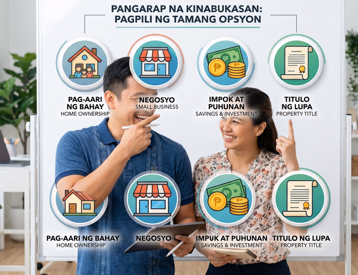 A Filipino couple points at and discusses four investment icons representing a house, business, peso coins, and a land title certificate.