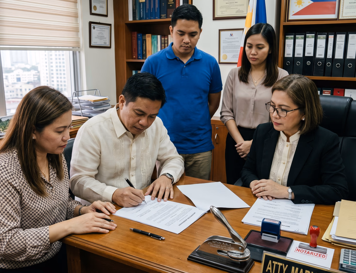 A serious Filipino couple signs a formal notarized agreement at a professional law office desk while a notary public and witnesses watch.