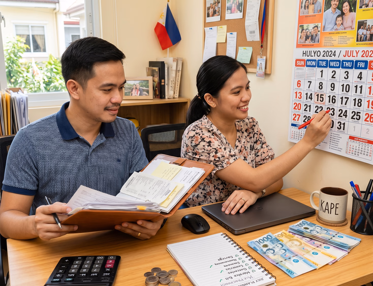 A Filipino couple actively plans their finances in a bright workspace, using a wall calendar, calculator, checklist, and peso banknotes.