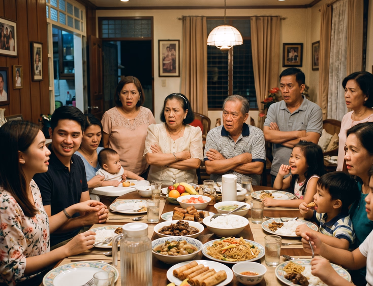 A young Filipino couple gently raises a sensitive topic at the family dinner table while their older relatives react with surprised looks.