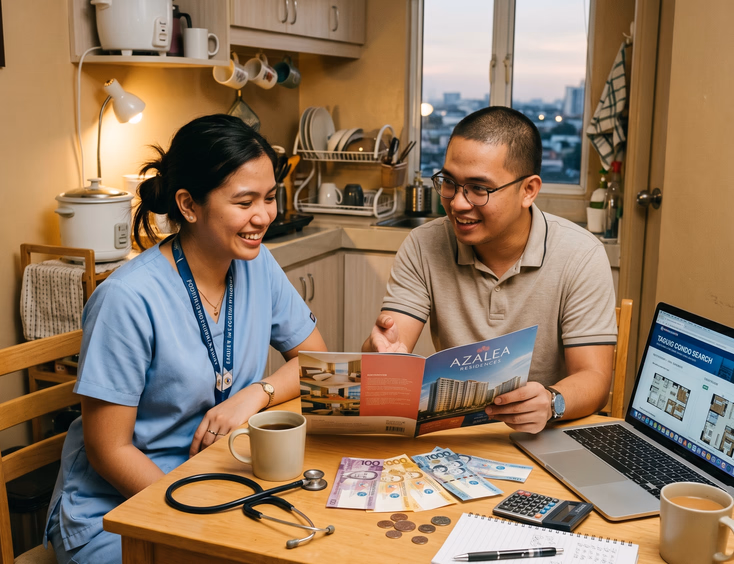 A young Filipino nurse and teacher sit at a modest kitchen table with a laptop, peso bills, and a condo brochure to review their finances.
