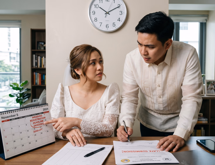 A concerned Filipino couple in elegant wedding attire checks a calendar and wall clock, noticing that an important deadline has now passed.