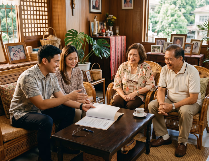 A young Filipino couple calmly explains a document to their approving older parents in a traditional living room illuminated by soft light.