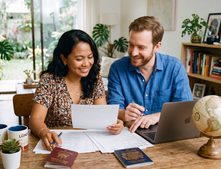 A Filipina woman and her foreign partner collaboratively review travel and property documents at a table with two passports and a small globe.