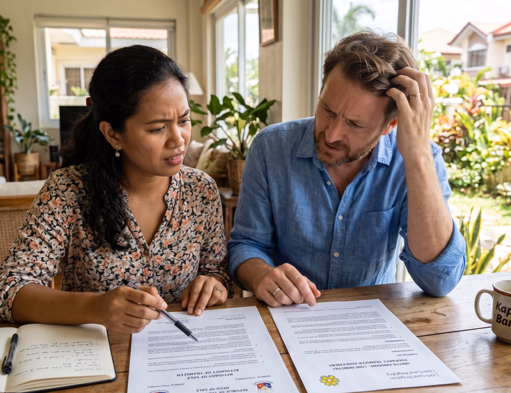 A Filipina woman and her foreign partner look thoughtfully confused while comparing contrasting legal documents representing different nations' laws.