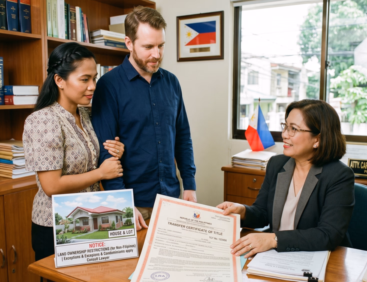 A lawyer explains property ownership rules and restrictions on a land title to a Filipina woman and her foreign partner in a professional office.