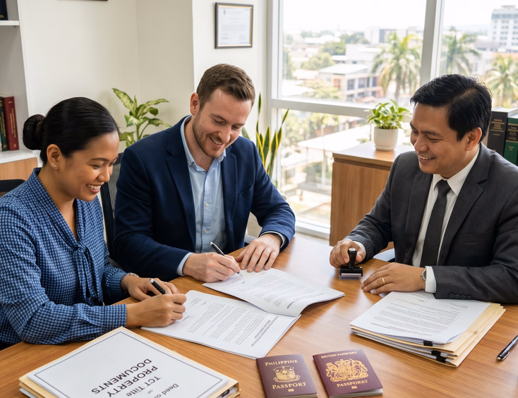 A Filipina woman and her foreign partner confidently sign a written agreement alongside a lawyer, with passports and property papers on the desk.