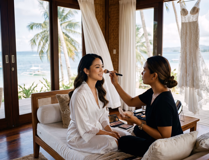 Filipino bride in a white silk robe getting makeup done by an artist inside a tropical beachfront villa with an ocean view.