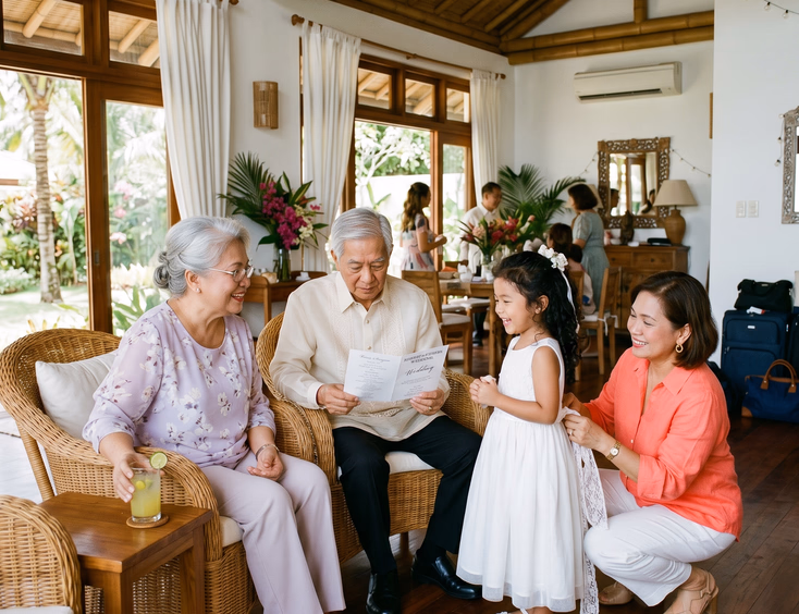 Filipino family gathering inside a spacious destination wedding villa with grandparents, an aunt, and a flower girl.