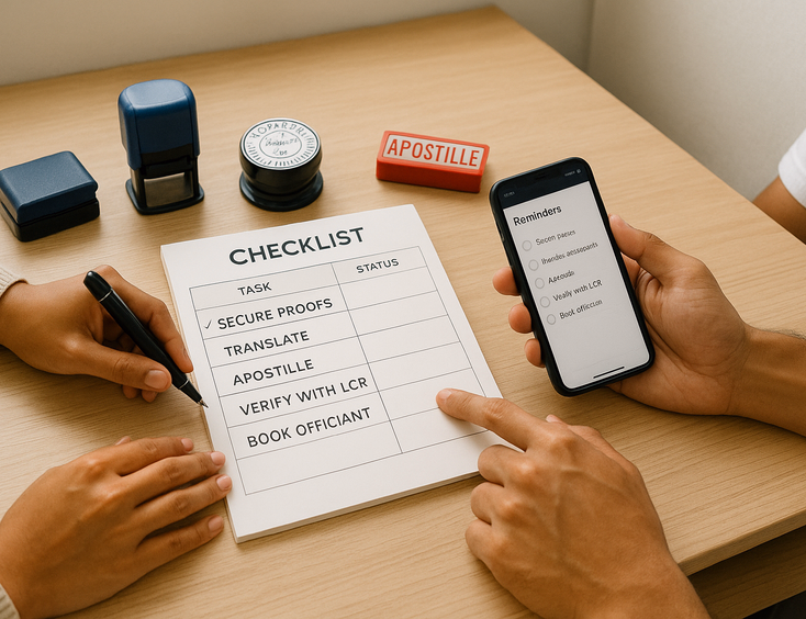 Couple building a checklist for proofs translation apostille LCR filing and booking