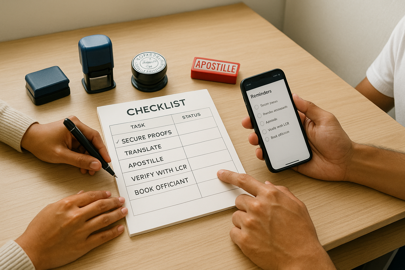 Couple building a checklist for proofs translation apostille LCR filing and booking
