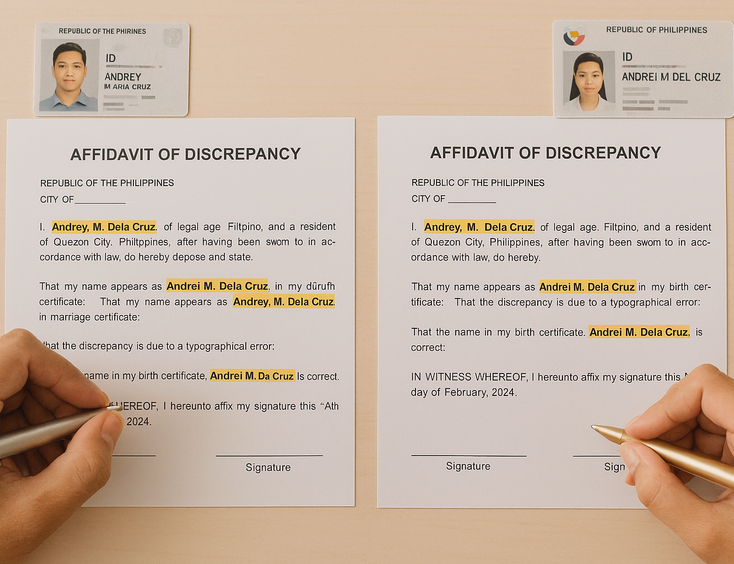 Couple correcting mismatched spellings and dates with an affidavit of discrepancy