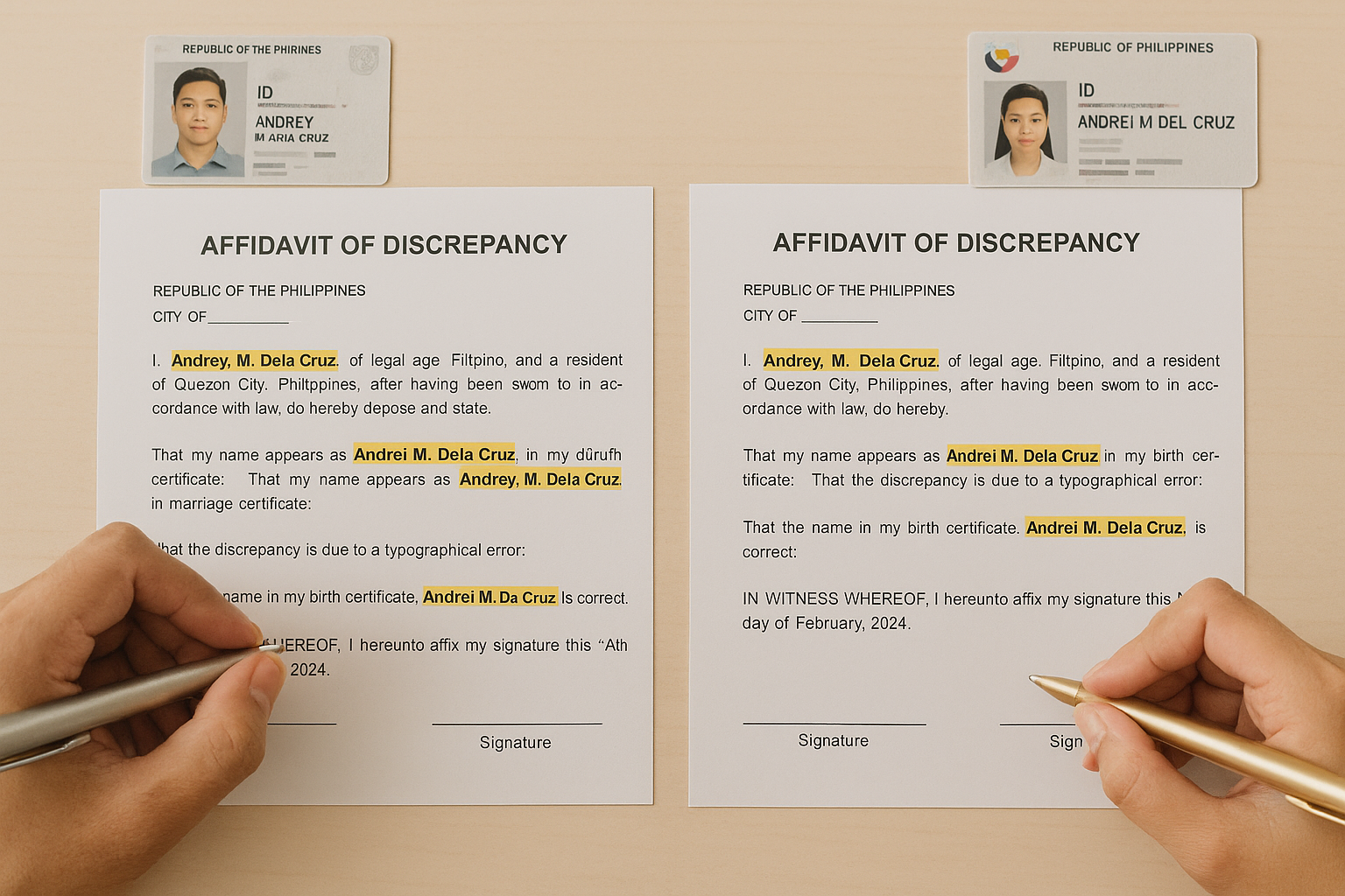 Couple correcting mismatched spellings and dates with an affidavit of discrepancy