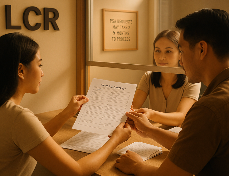 Couple submitting signed marriage documents at the LCR and noting PSA timeline