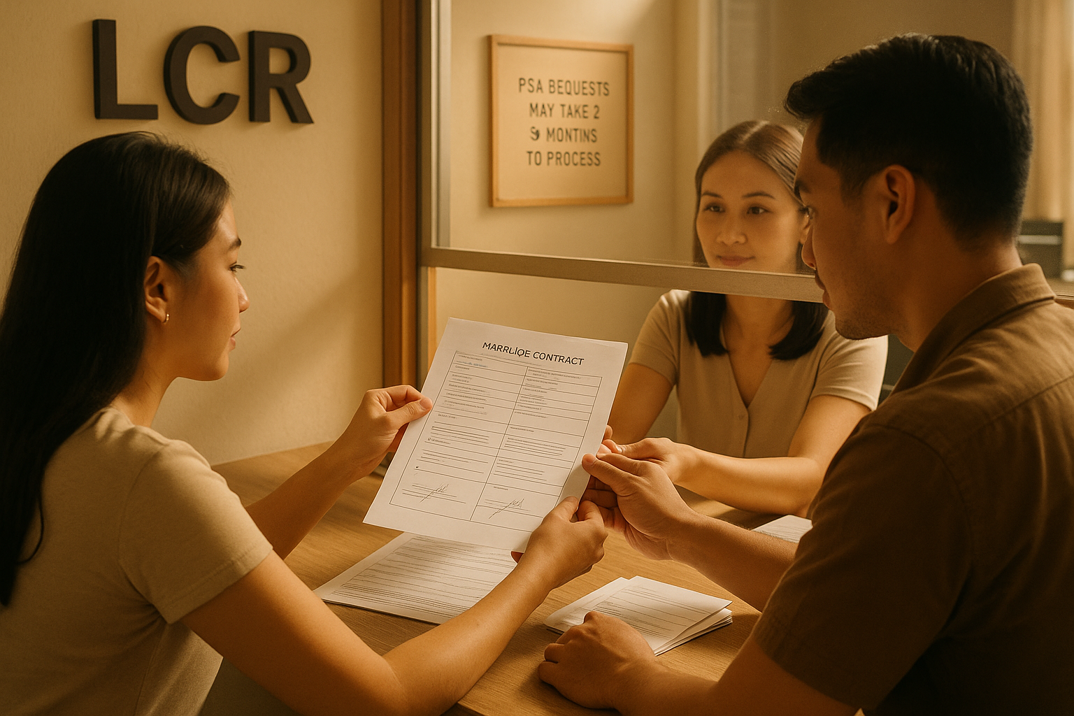 Couple submitting signed marriage documents at the LCR and noting PSA timeline