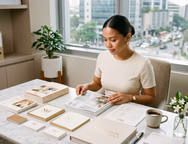Filipino wedding planner organizing printed marketing materials and pricing guides in her Makati office.