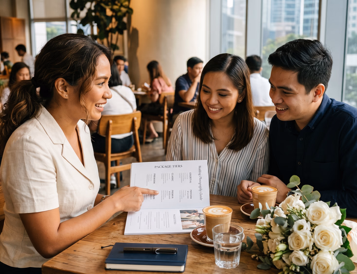 Filipino wedding photographer explaining package tiers to an engaged couple at a Bonifacio Global City café.