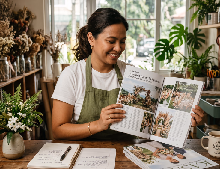 Filipino wedding florist reviewing her featured real wedding spread inside a bridal magazine in her Pasig studio.