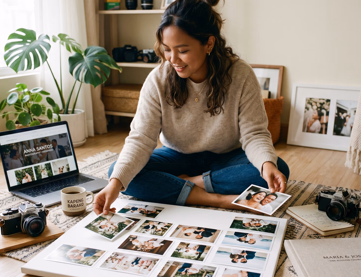 Filipino wedding photographer curating printed photos for her portfolio on the floor of a Mandaluyong home studio.