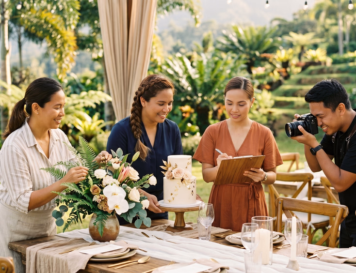 Filipino wedding suppliers collaborating on a styled tablescape shoot at a Tagaytay garden venue.