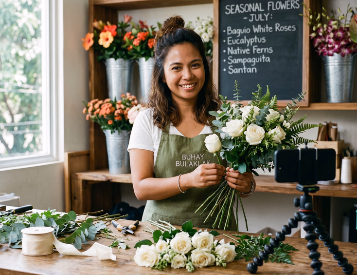 Filipino wedding florist filming herself arranging a bridal bouquet on a worktable in her Quezon City studio.