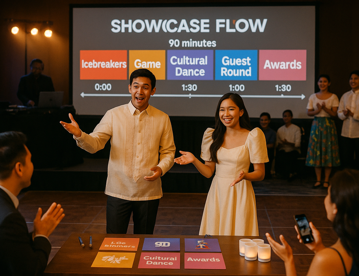 Couple leads a full showcase from games to cultural dance then hands off to the party
