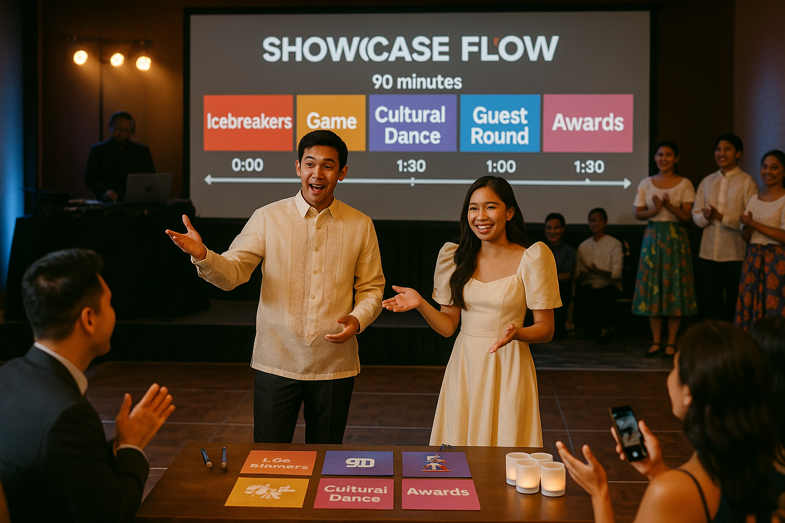 Couple leads a full showcase from games to cultural dance then hands off to the party