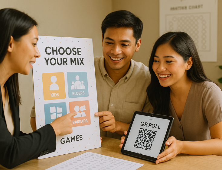Couple and coordinator choose games with icons for kids elders and barkada using a QR poll on a tablet