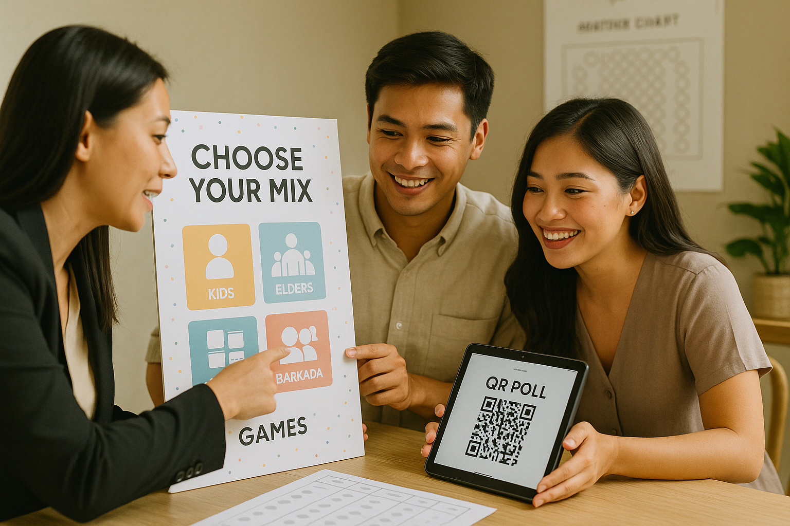 Couple and coordinator choose games with icons for kids elders and barkada using a QR poll on a tablet