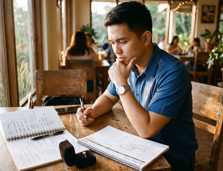 A thoughtful young Filipino man sits at a table planning a proposal, with a ring box, notes, and a calendar visible under warm natural light.