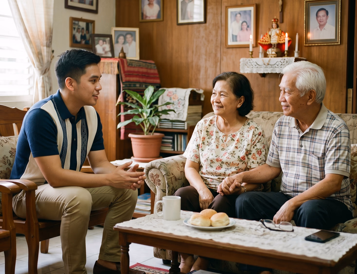 A young Filipino man respectfully speaks with an older couple in a warm family home, seeking their blessing before a proposal, with natural light.