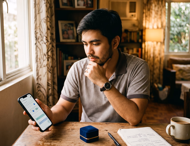 A thoughtful young Filipino man looks at his phone calendar, meticulously planning the perfect day to propose, a ring box rests on the table.