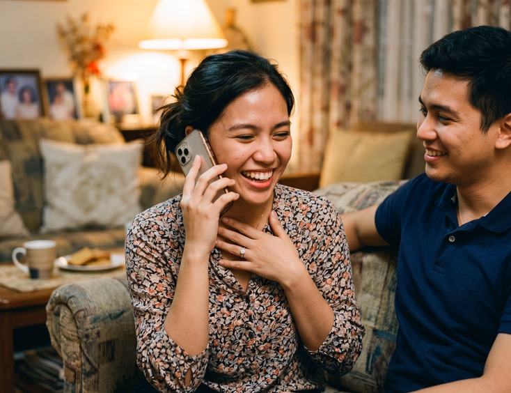 A newly engaged young Filipino woman makes a happy phone call to her family, showcasing the ring while her partner smiles nearby in home light.