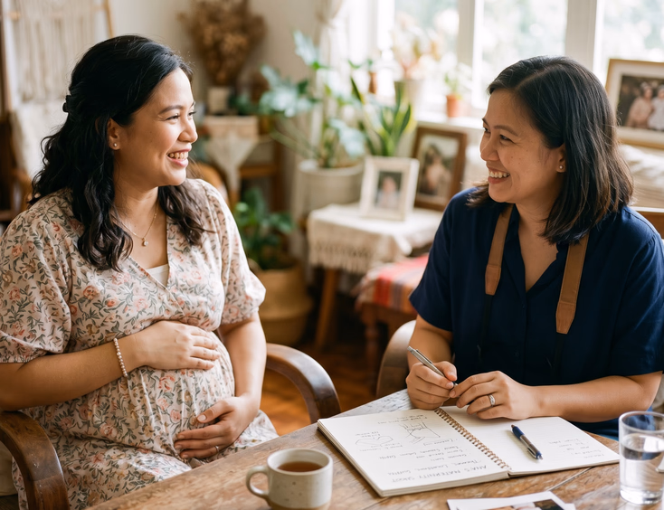 A pregnant Filipino woman smiles while discussing her upcoming photo session with a professional male photographer during a cozy consultation.