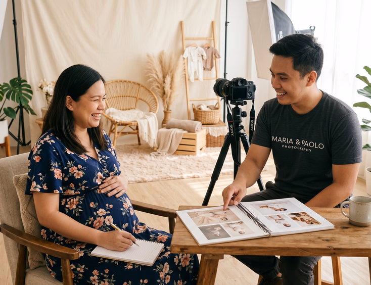 A Filipino photographer and a pregnant client discuss maternity session ideas in a bright photography studio with a plain backdrop visible.