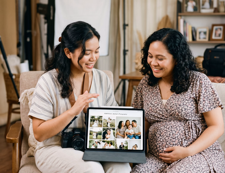 A professional photographer shows a variety of portfolio samples on a digital tablet to an expectant Filipino mother in soft lighting.