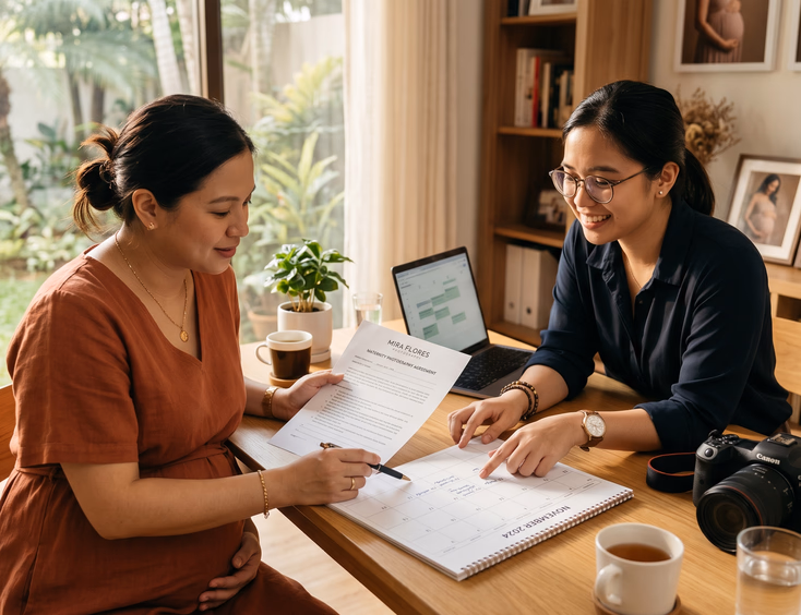 An organized pregnant Filipino woman reviews a booking calendar and contract with a photographer at a sunlit table for a professional session.