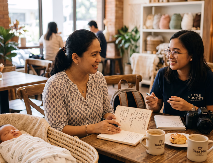 A Filipino mother talks with a newborn photographer over coffee while holding a notebook of questions next to her swaddled baby.