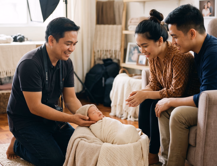 A professional Filipino photographer demonstrates safe baby-handling to attentive parents in a warm studio with soft lighting.