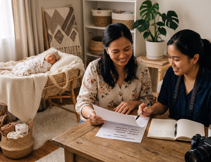 An organized Filipino mother and a photographer review a session schedule and warm prop setup in a cozy room with soft daylight.