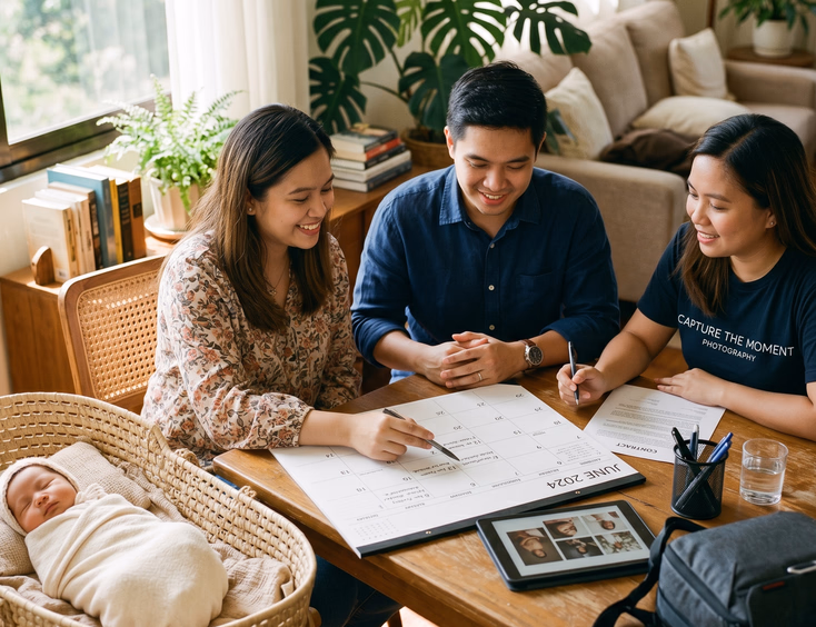 A Filipino couple calmly discusses rescheduling options with a photographer over a calendar while their newborn rests in a bassinet.