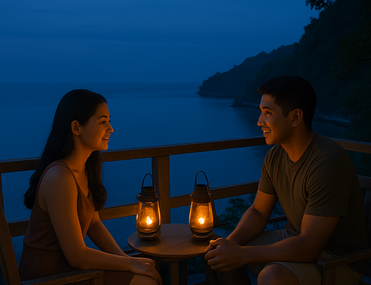 Young Filipino couple on a secluded headland veranda at blue hour with lanterns low and a calm bay below