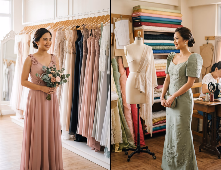 Split composition of a Filipino bridesmaid in a ready-to-wear dusty rose chiffon dress inside a modern boutique on the left and another bridesmaid in a made-to-order sage jusi Filipiniana gown with butterfly sleeves inside a dressmaker's atelier on the right in soft natural window light