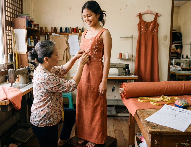 Filipina seamstress pinning the bodice of a terracotta jusi bridesmaid gown on a young Filipina woman on a fitting platform inside a Filipino dressmaker's atelier with fabric bolts, a tape measure, pincushion, and a dress sketch on a nearby table