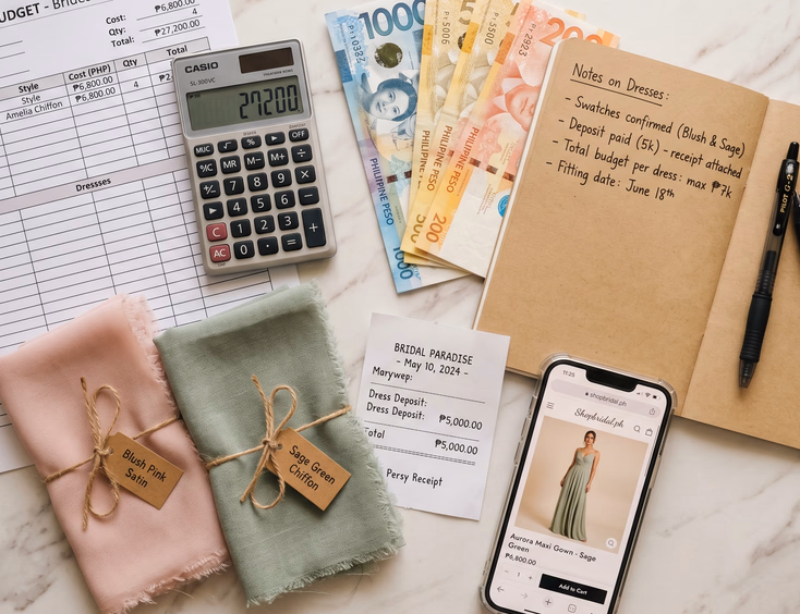 Flat lay of Filipino wedding bridesmaid dress budgeting materials on a light marble surface including a printed cost spreadsheet, calculator, Philippine peso bills, blush and sage fabric swatches, a dress shop receipt, a notebook with handwritten notes, and a smartphone showing an online RTW dress listing